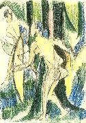 Ernst Ludwig Kirchner Arching girls in the wood - Crayons and pencil oil painting artist
